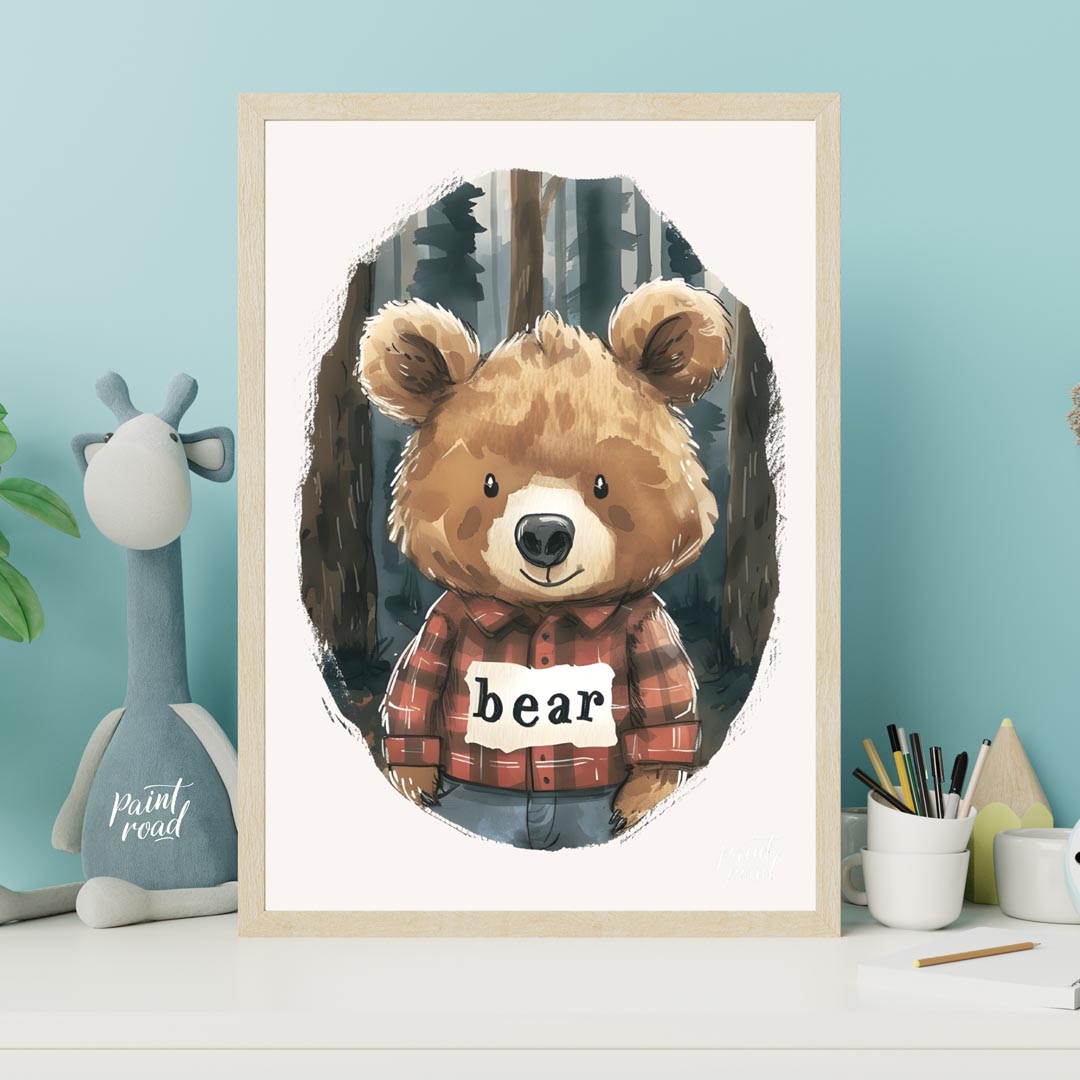 This charming watercolor illustration features a lovable brown bear wearing a classic red and black… for nursery