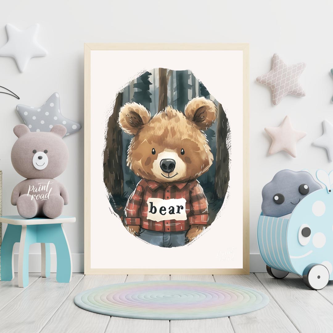 This charming watercolor illustration features a lovable brown bear wearing a classic red and black… for nursery