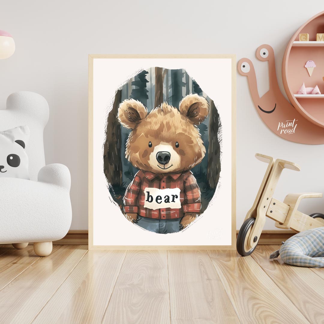 This charming watercolor illustration features a lovable brown bear wearing a classic red and black… for nursery