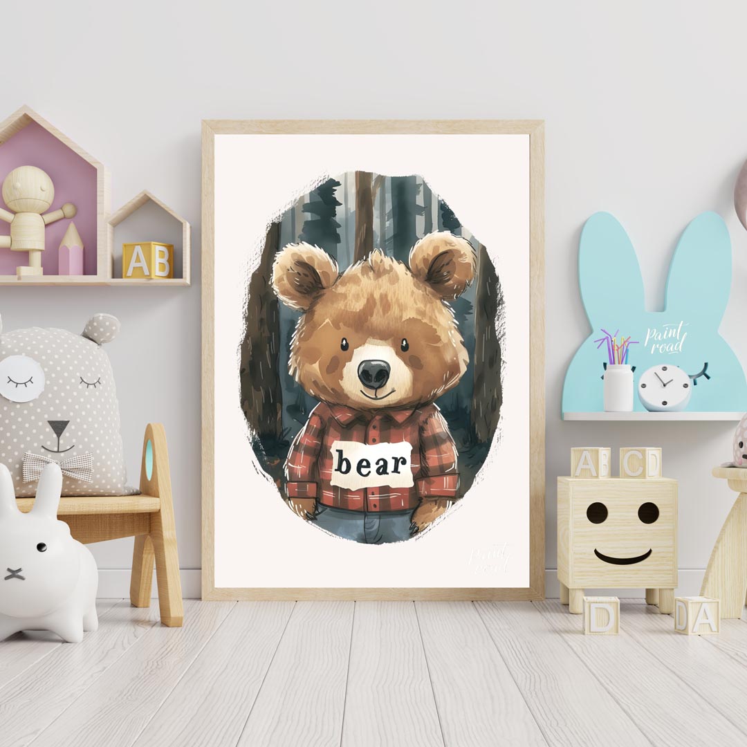 This charming watercolor illustration features a lovable brown bear wearing a classic red and black… for nursery