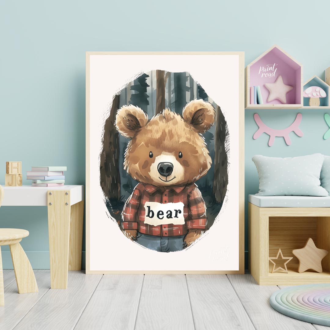 This charming watercolor illustration features a lovable brown bear wearing a classic red and black… for nursery