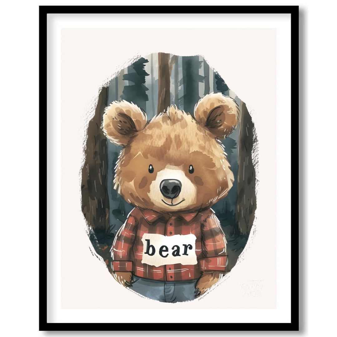 This charming watercolor illustration features a lovable brown bear wearing a classic red and black… for space