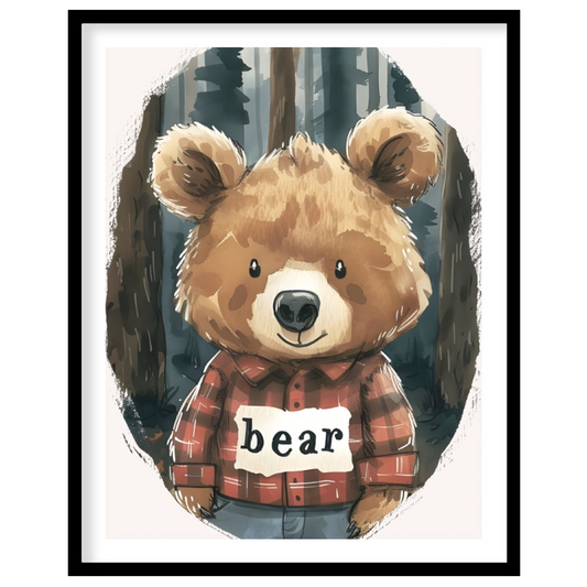 This charming watercolor illustration features a lovable brown bear wearing a classic red and black… for space