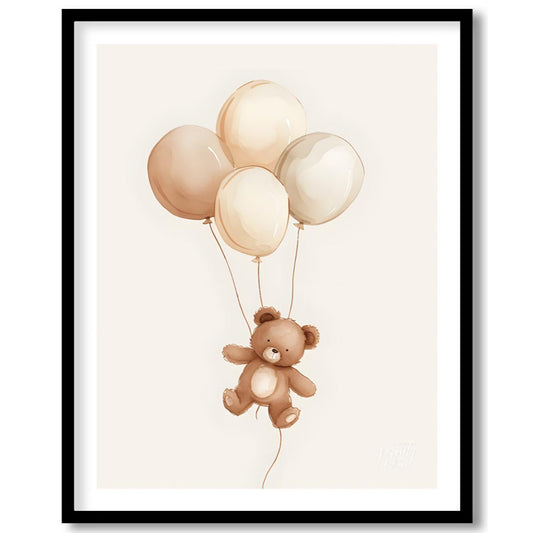 This charming watercolor illustration features a delightful teddy bear gently floating upwards, car… for area