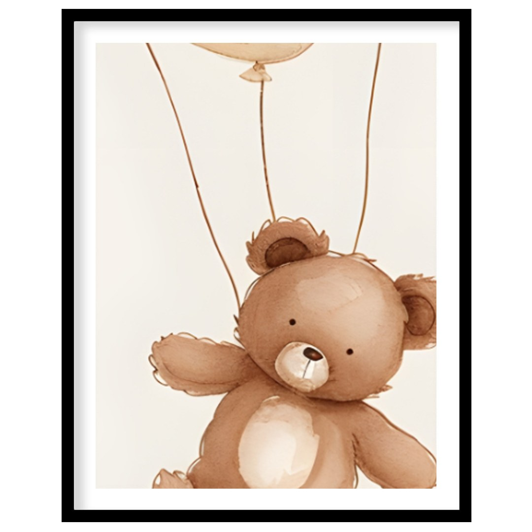 This charming watercolor illustration features a delightful teddy bear gently floating upwards, car… for area