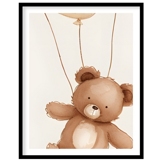 This charming watercolor illustration features a delightful teddy bear gently floating upwards, car… for area