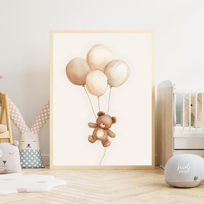 This charming watercolor illustration features a delightful teddy bear gently floating upwards, car… for nursery