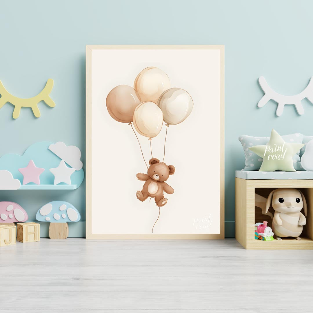 This charming watercolor illustration features a delightful teddy bear gently floating upwards, car… for nursery