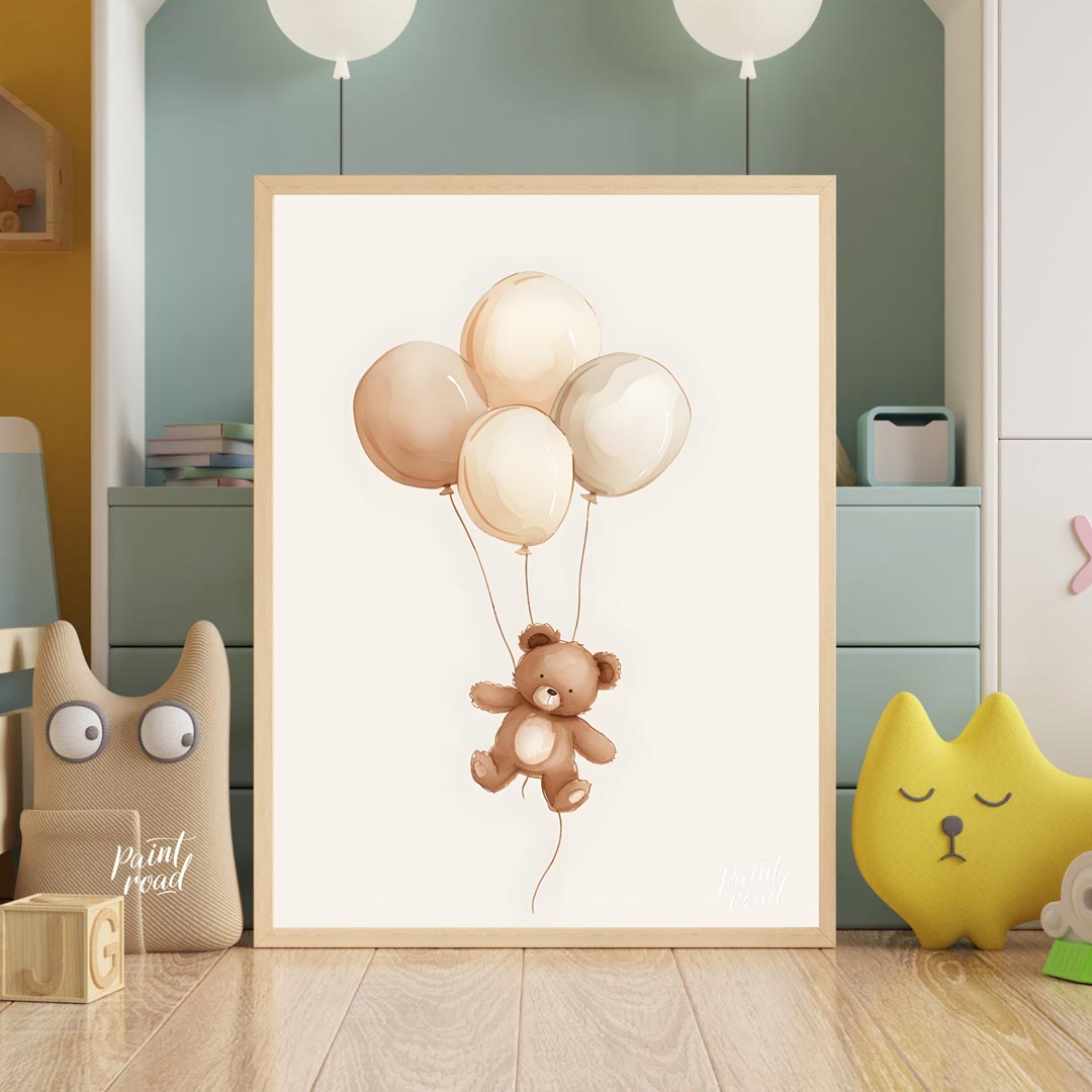 This charming watercolor illustration features a delightful teddy bear gently floating upwards, car… for nursery
