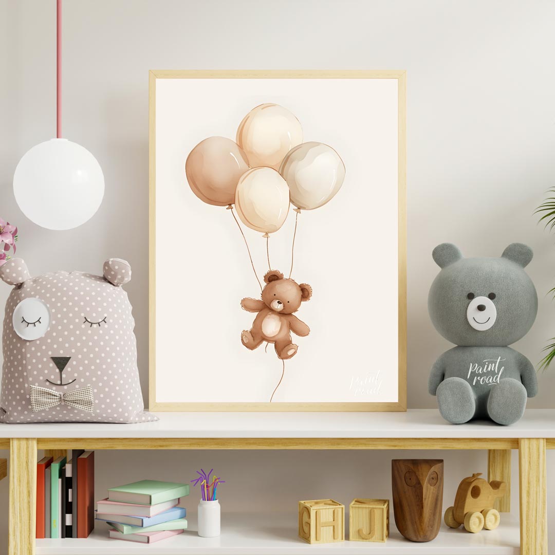 This charming watercolor illustration features a delightful teddy bear gently floating upwards, car… for nursery