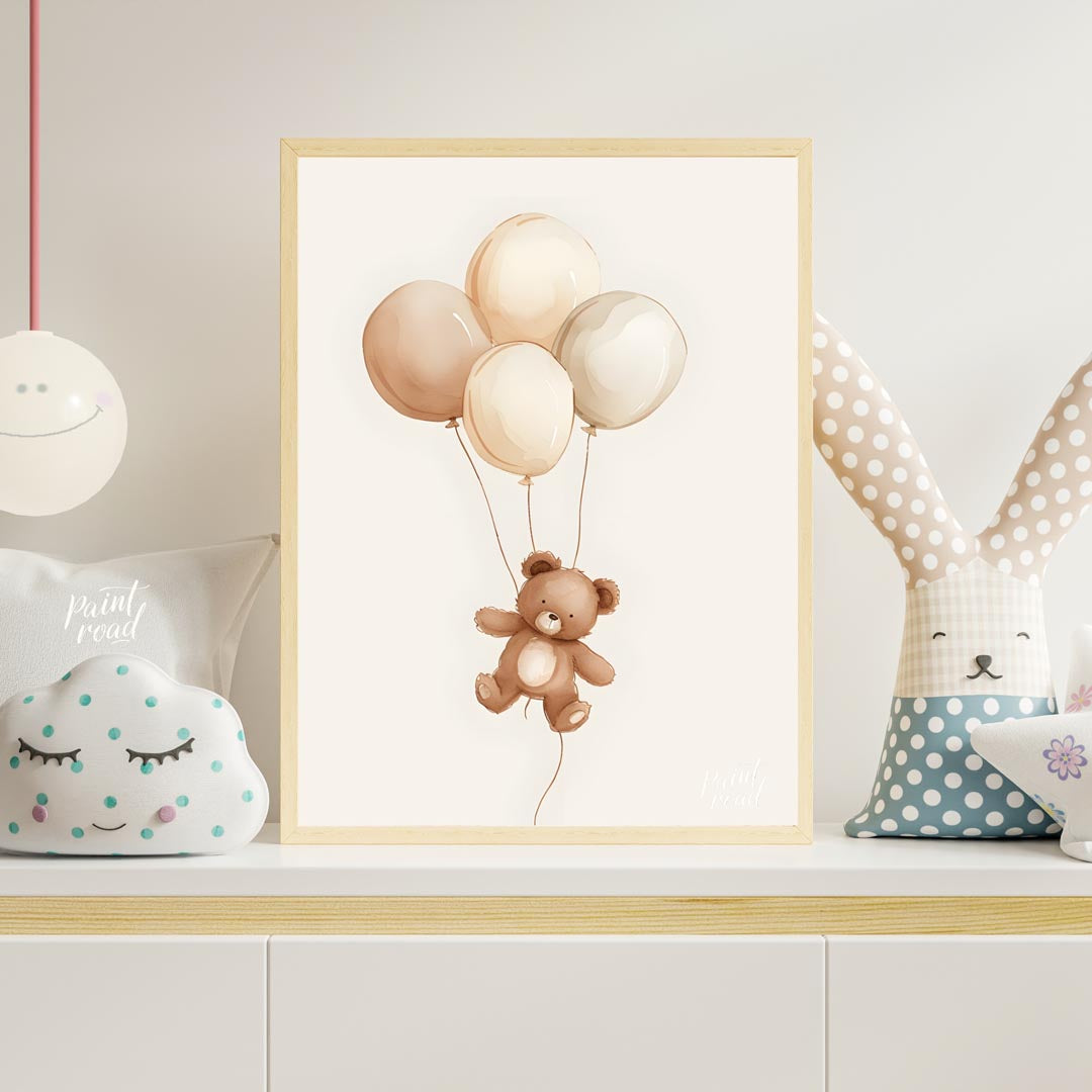 This charming watercolor illustration features a delightful teddy bear gently floating upwards, car… for nursery