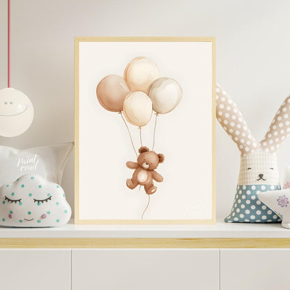 This charming watercolor illustration features a delightful teddy bear gently floating upwards, car… for nursery