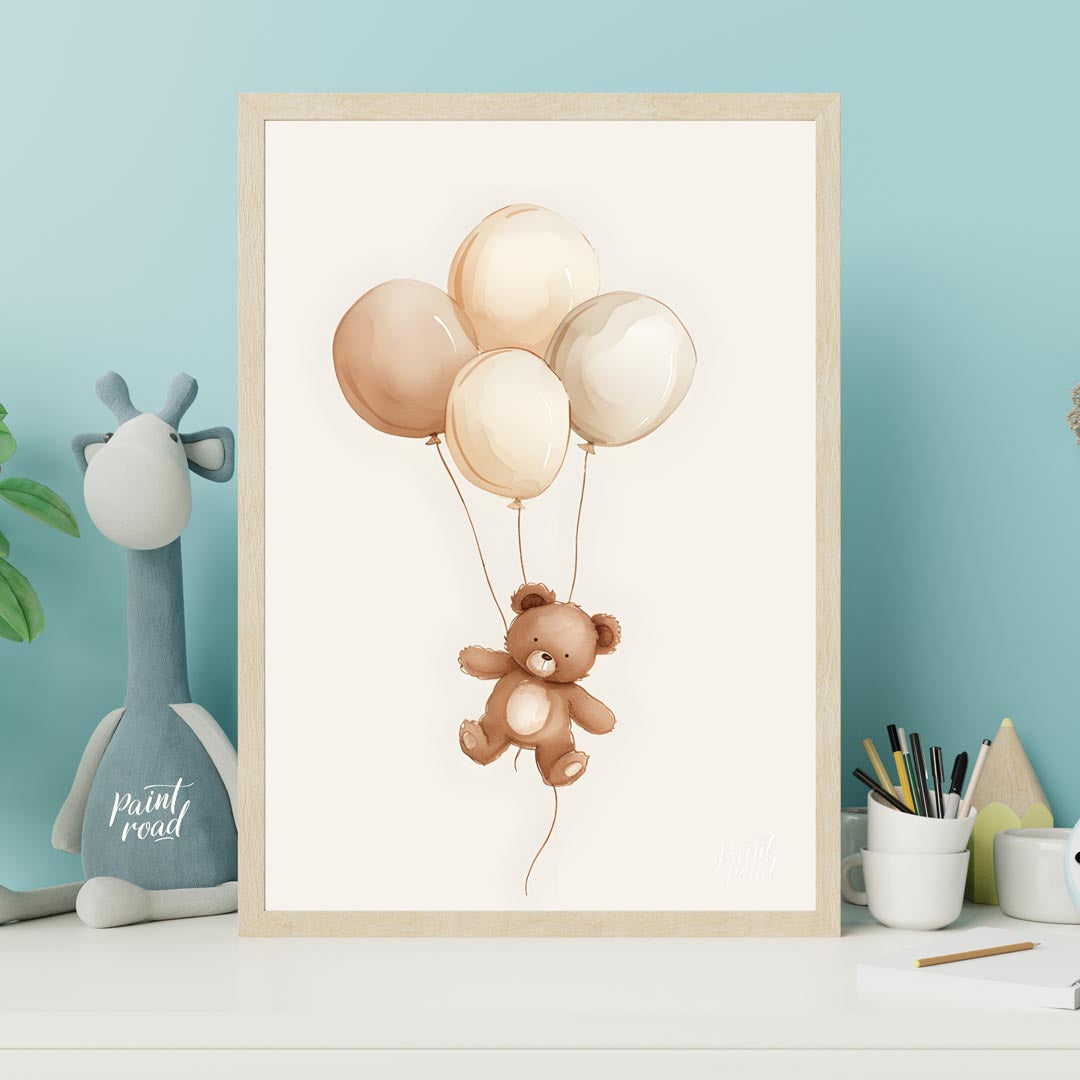 This charming watercolor illustration features a delightful teddy bear gently floating upwards, car… for nursery