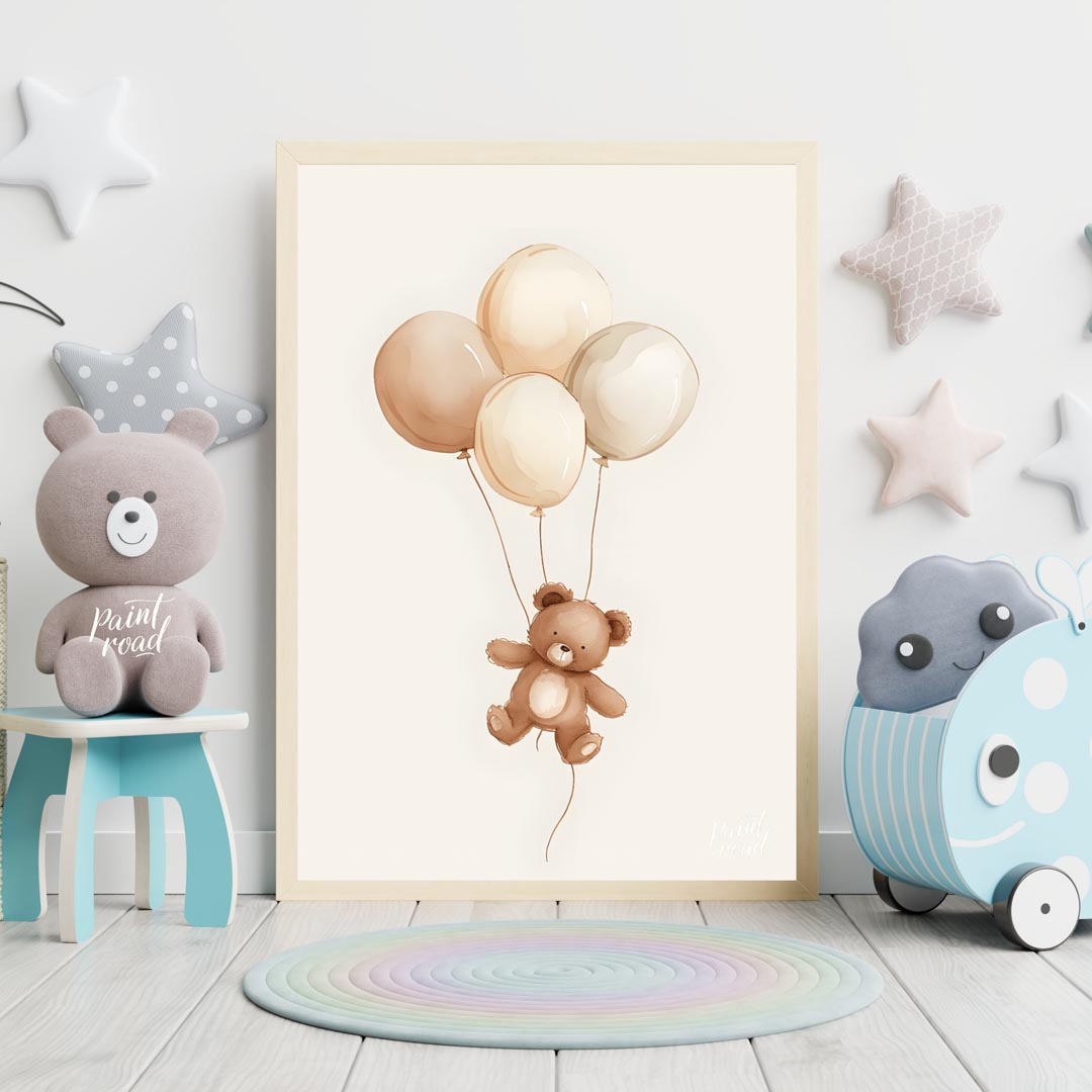 This charming watercolor illustration features a delightful teddy bear gently floating upwards, car… for nursery