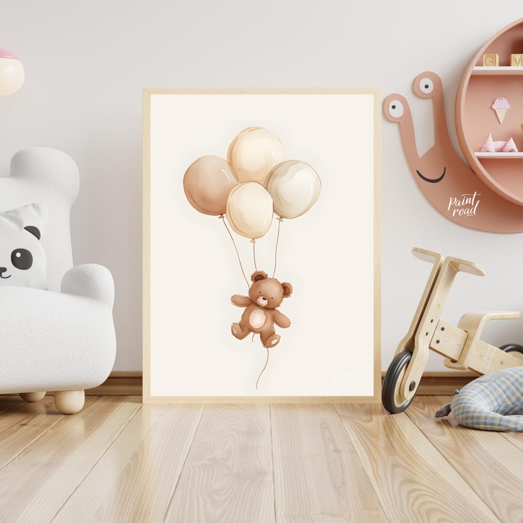 This charming watercolor illustration features a delightful teddy bear gently floating upwards, car… for nursery