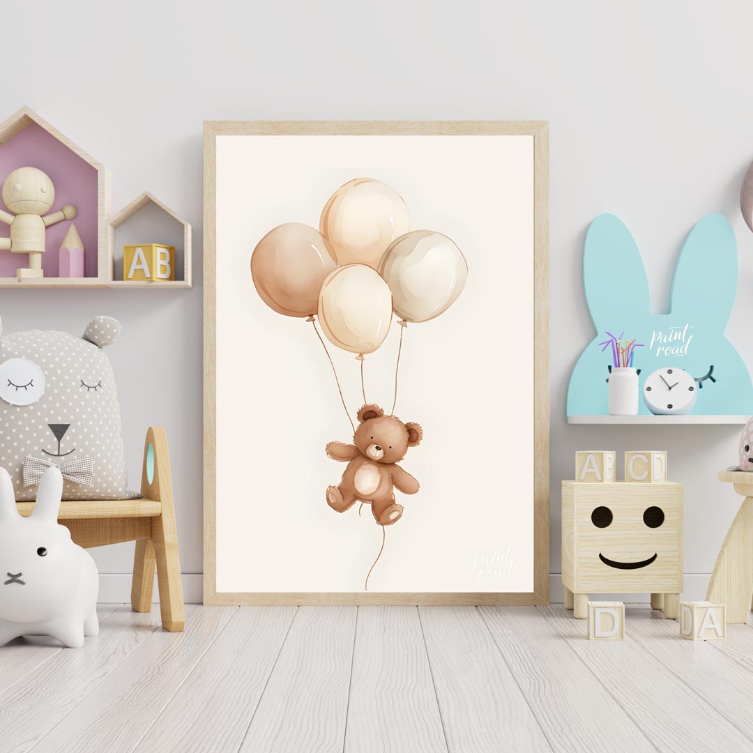 This charming watercolor illustration features a delightful teddy bear gently floating upwards, car… for nursery