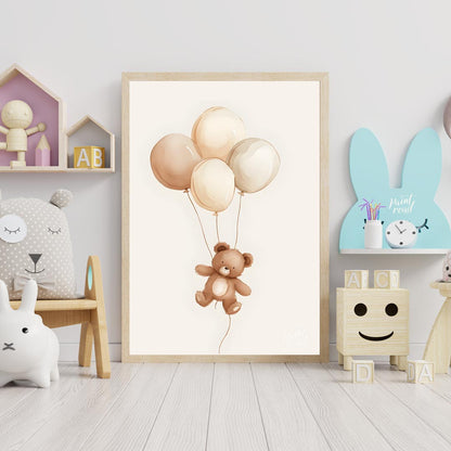 This charming watercolor illustration features a delightful teddy bear gently floating upwards, car… for nursery
