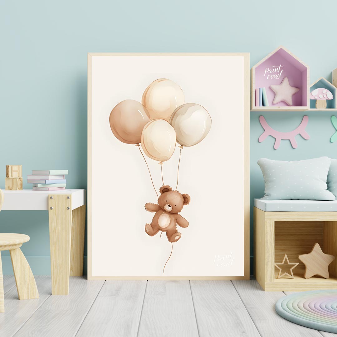 This charming watercolor illustration features a delightful teddy bear gently floating upwards, car… for nursery