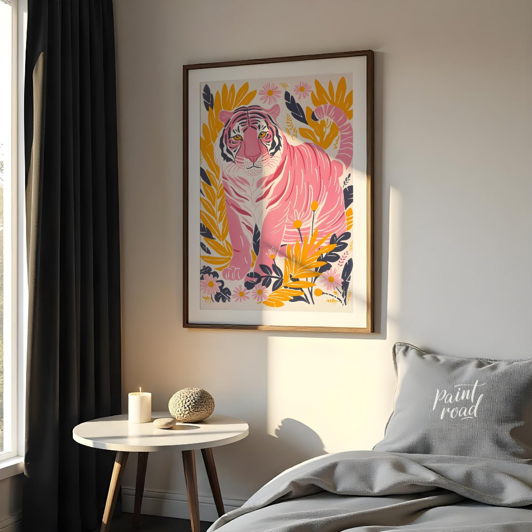 This vibrant digital illustration features a pink tiger, rendered in a striking palette of pink, bl… for bedroom