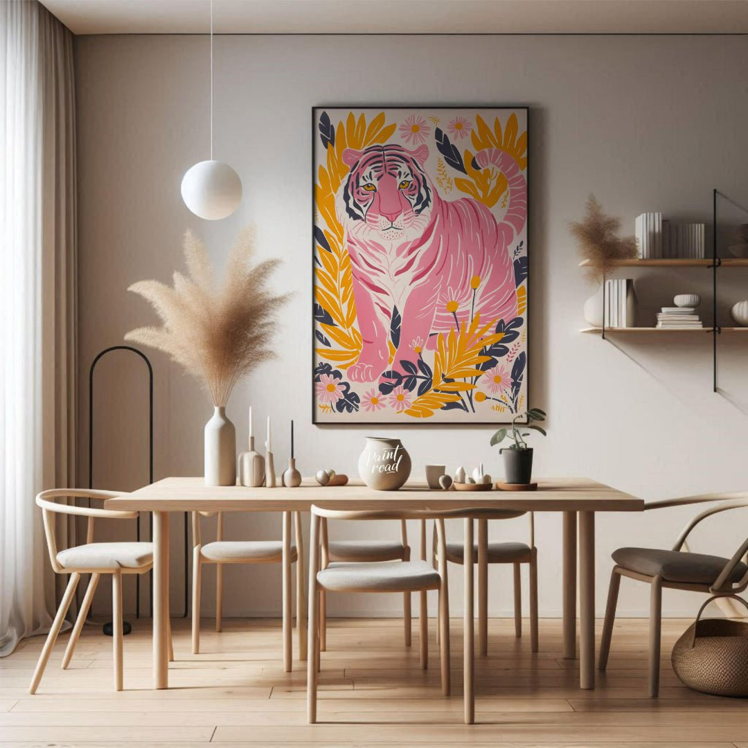 This vibrant digital illustration features a pink tiger, rendered in a striking palette of pink, bl… for dining room