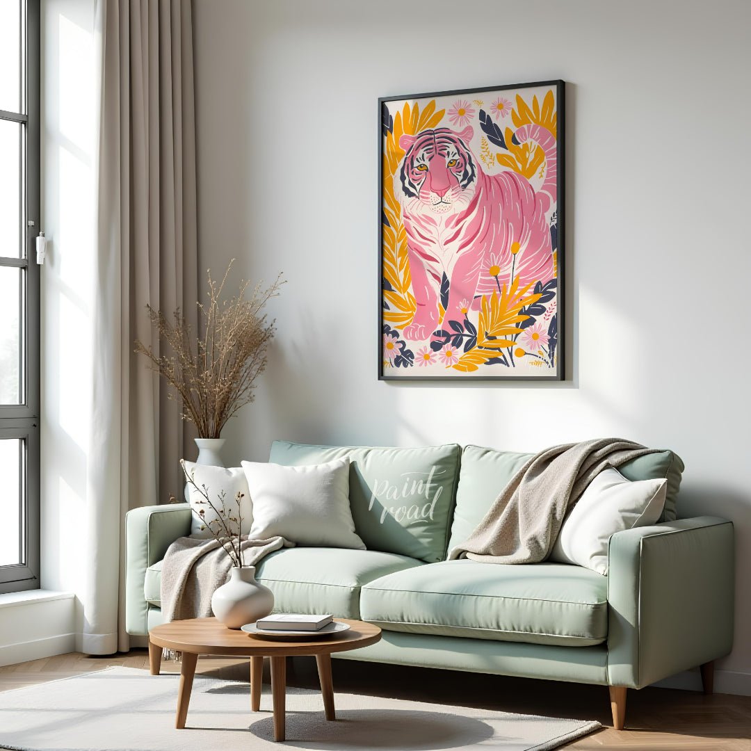 This vibrant digital illustration features a pink tiger, rendered in a striking palette of pink, bl… for living room