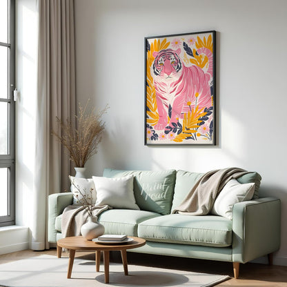 This vibrant digital illustration features a pink tiger, rendered in a striking palette of pink, bl… for living room