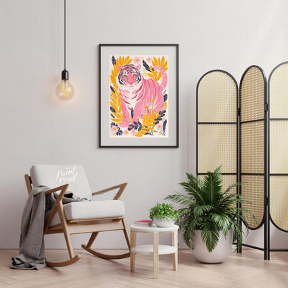 This vibrant digital illustration features a pink tiger, rendered in a striking palette of pink, bl… for living room