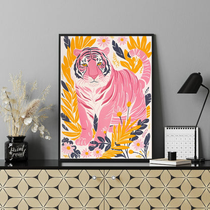 This vibrant digital illustration features a pink tiger, rendered in a striking palette of pink, bl… for office