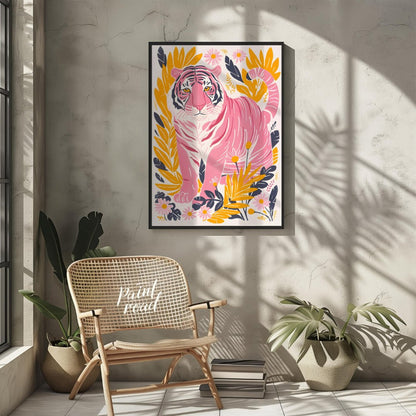 This vibrant digital illustration features a pink tiger, rendered in a striking palette of pink, bl… for other