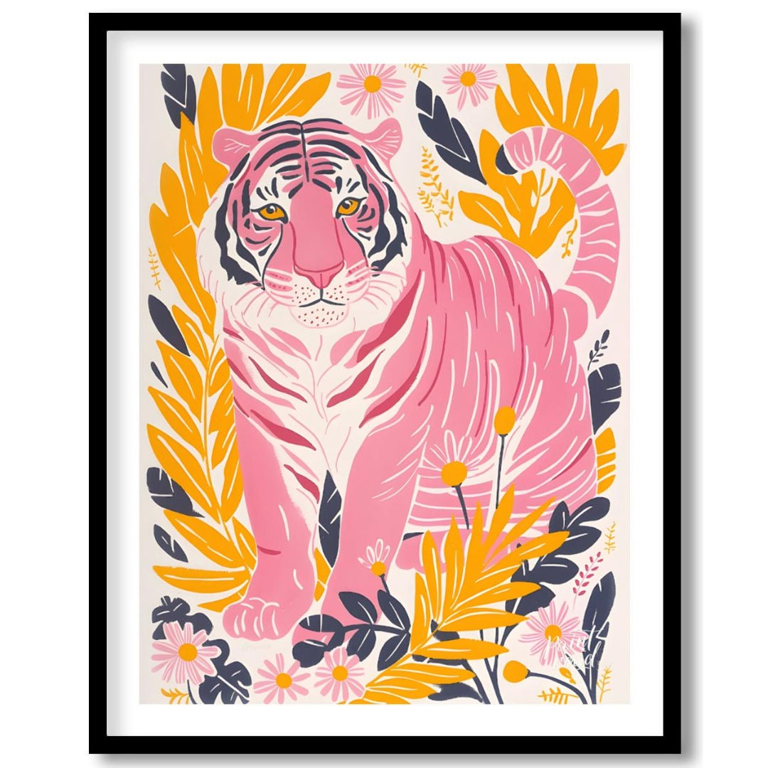 This vibrant digital illustration features a pink tiger, rendered in a striking palette of pink, bl… for room