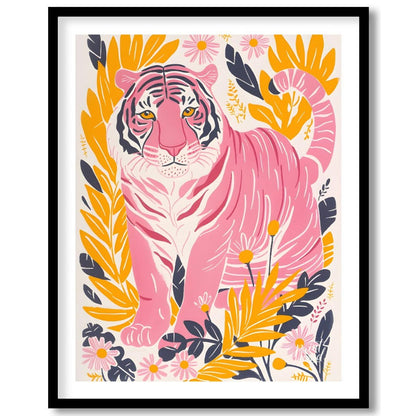 This vibrant digital illustration features a pink tiger, rendered in a striking palette of pink, bl… for room