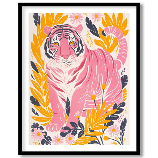 This vibrant digital illustration features a pink tiger, rendered in a striking palette of pink, bl… for room
