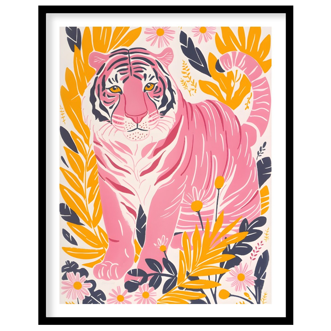 This vibrant digital illustration features a pink tiger, rendered in a striking palette of pink, bl… for room