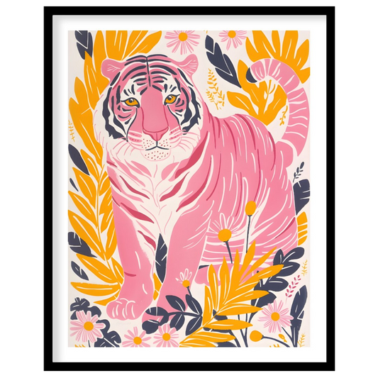 This vibrant digital illustration features a pink tiger, rendered in a striking palette of pink, bl… for room