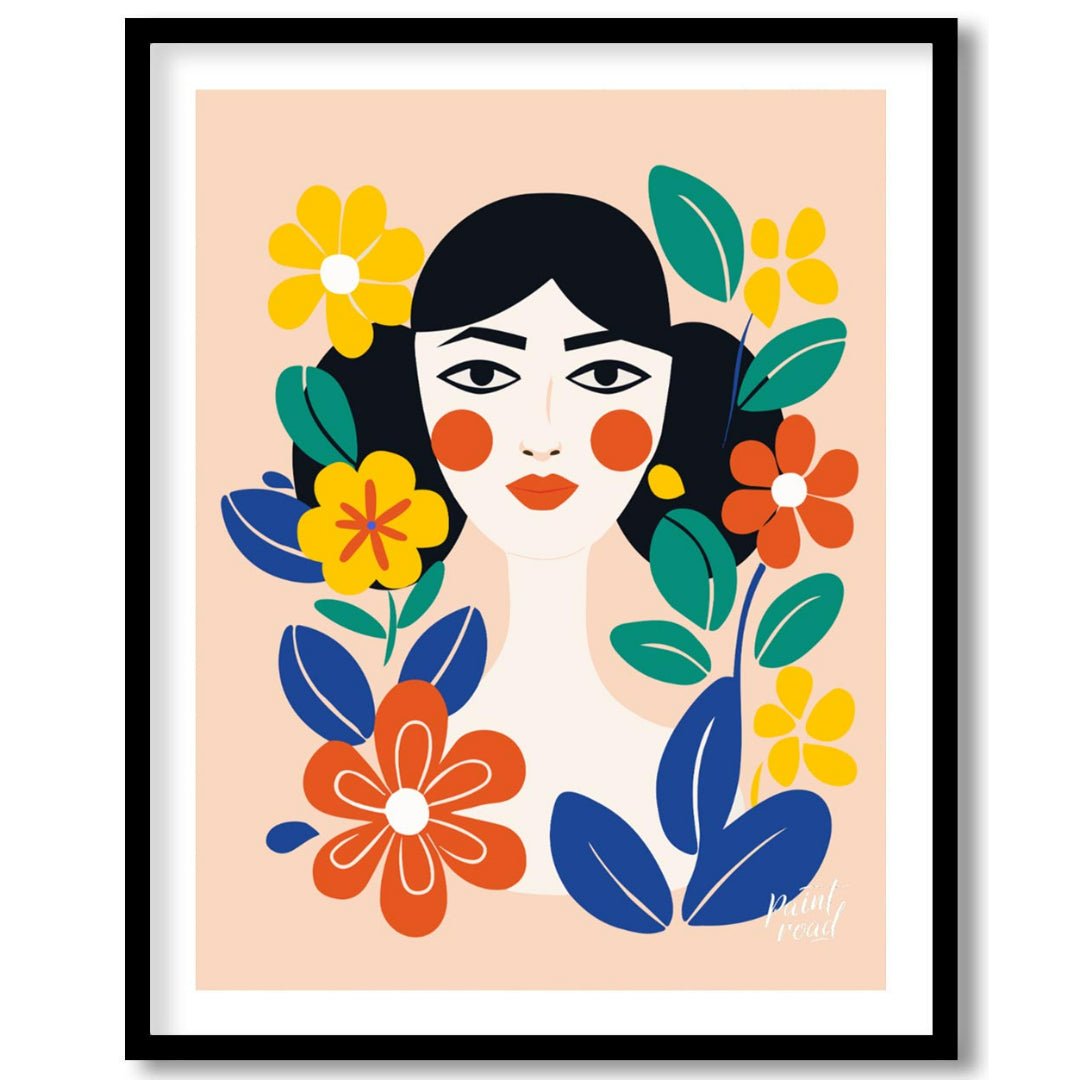 This charming digital illustration features a stylized portrait of a woman with dark hair and rosy … for area