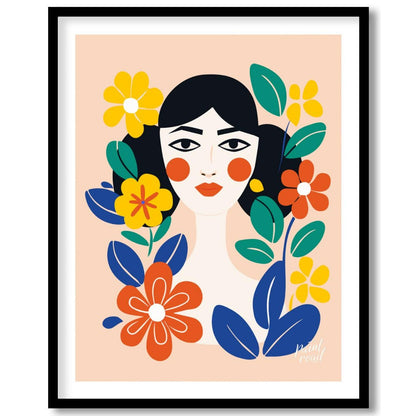 This charming digital illustration features a stylized portrait of a woman with dark hair and rosy … for area