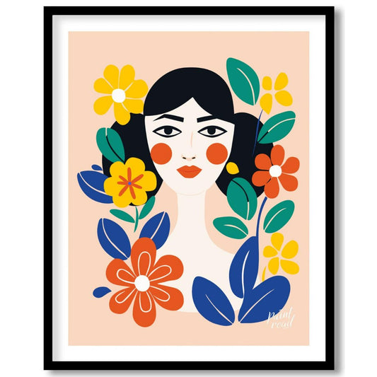 This charming digital illustration features a stylized portrait of a woman with dark hair and rosy … for area