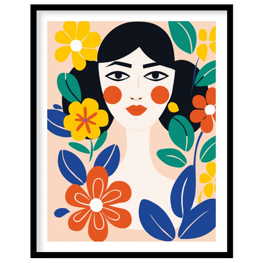 This charming digital illustration features a stylized portrait of a woman with dark hair and rosy … for area