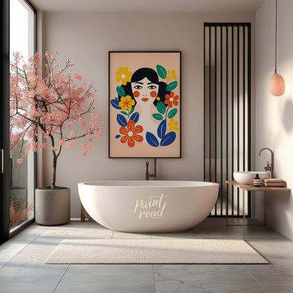 This charming digital illustration features a stylized portrait of a woman with dark hair and rosy … for bathroom