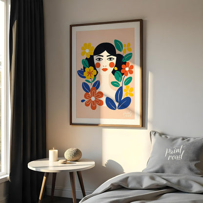 This charming digital illustration features a stylized portrait of a woman with dark hair and rosy … for bedroom
