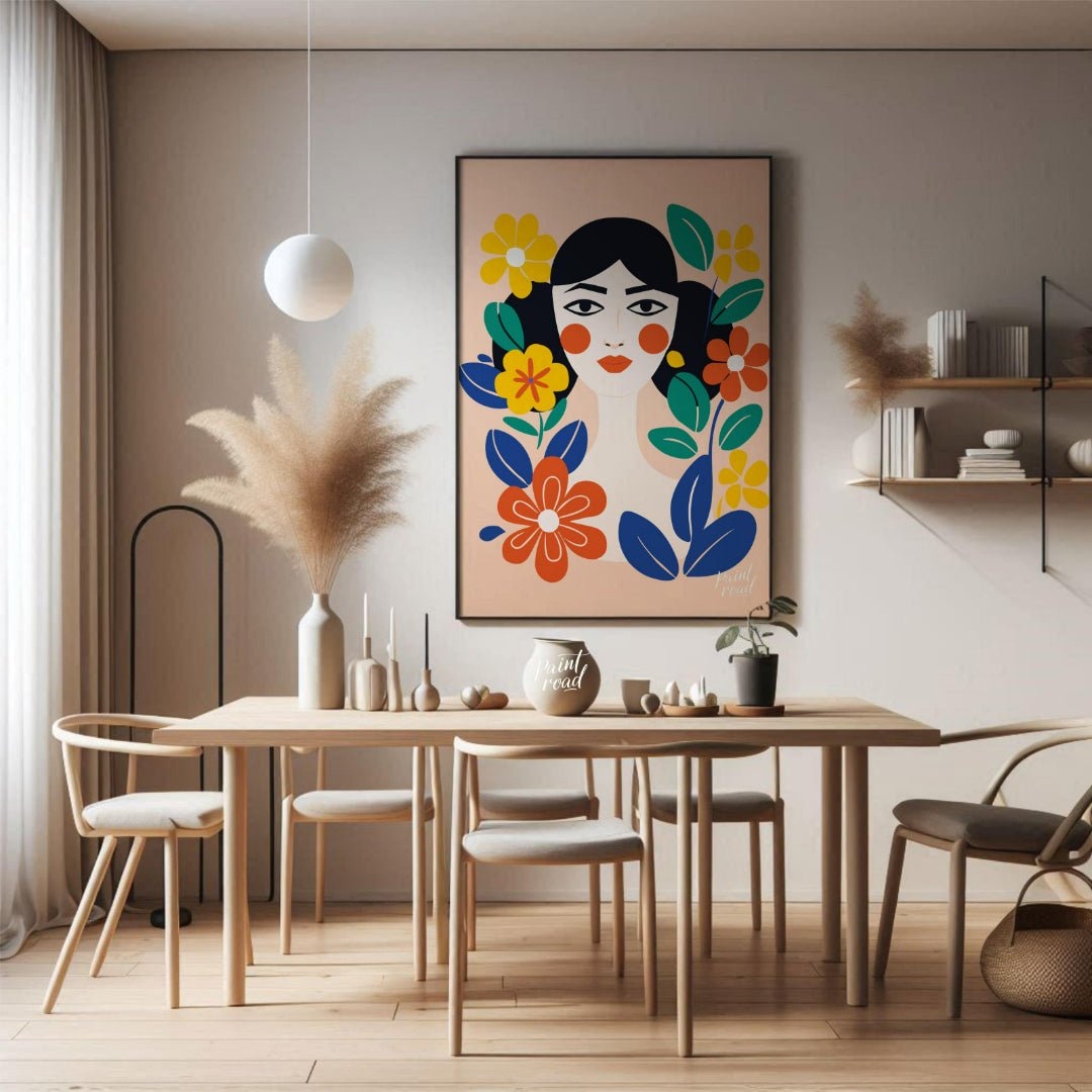 This charming digital illustration features a stylized portrait of a woman with dark hair and rosy … for dining room