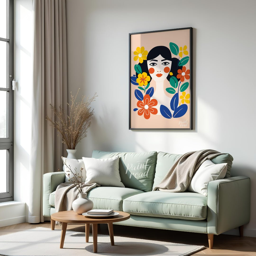 This charming digital illustration features a stylized portrait of a woman with dark hair and rosy … for living room