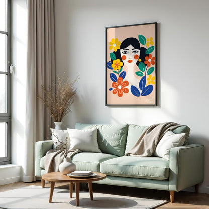 This charming digital illustration features a stylized portrait of a woman with dark hair and rosy … for living room