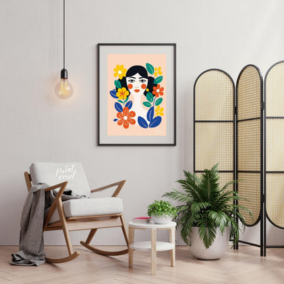 This charming digital illustration features a stylized portrait of a woman with dark hair and rosy … for living room