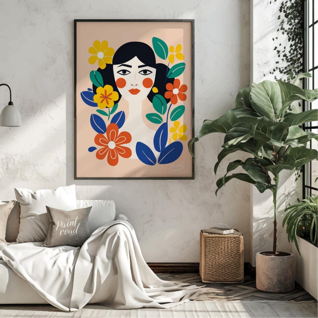 This charming digital illustration features a stylized portrait of a woman with dark hair and rosy … for living room