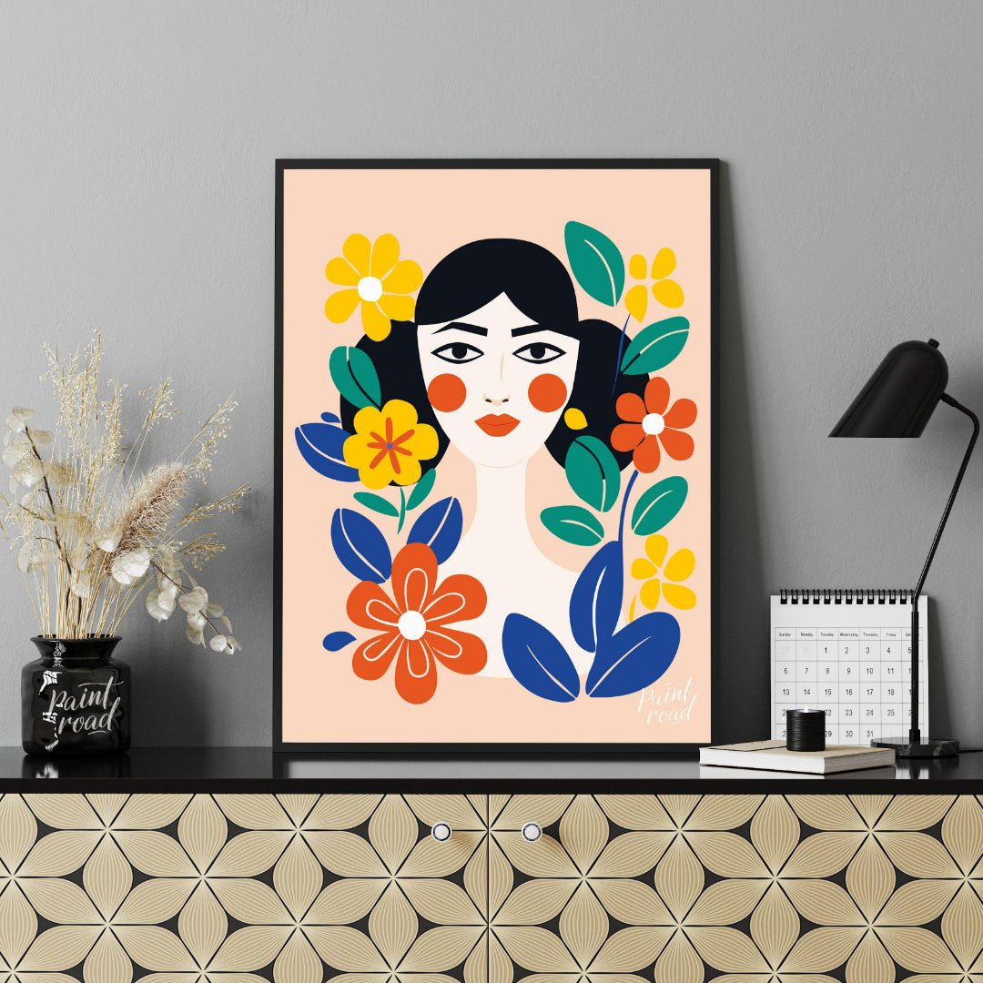 This charming digital illustration features a stylized portrait of a woman with dark hair and rosy … for office