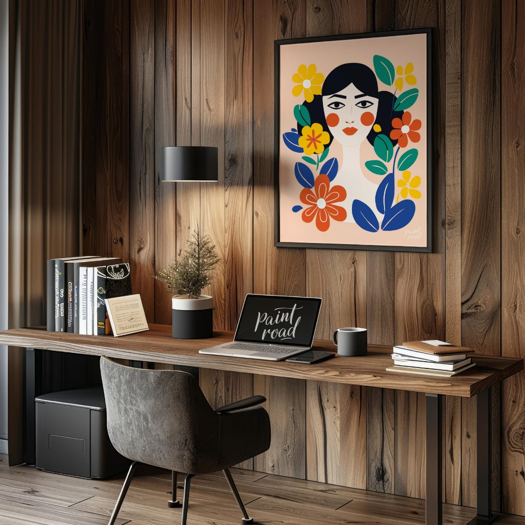 This charming digital illustration features a stylized portrait of a woman with dark hair and rosy … for office