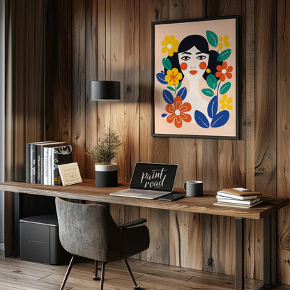This charming digital illustration features a stylized portrait of a woman with dark hair and rosy … for office
