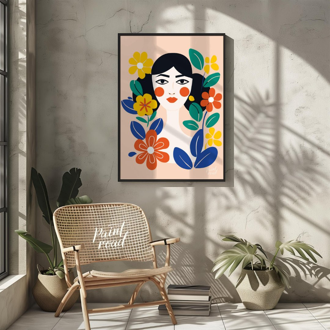 This charming digital illustration features a stylized portrait of a woman with dark hair and rosy … for other