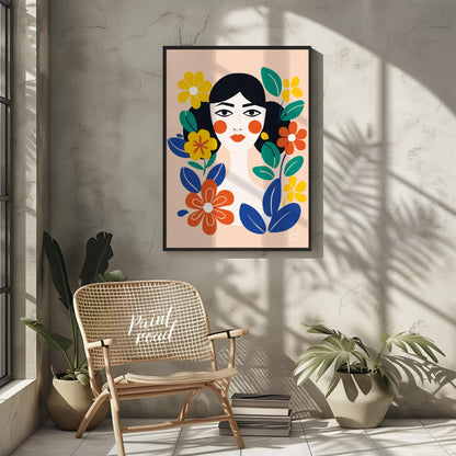 This charming digital illustration features a stylized portrait of a woman with dark hair and rosy … for other